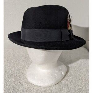 Vintage Black Broner Lite Felt 100% Wool WPL5923 Sz L Hat With Feathers Made USA